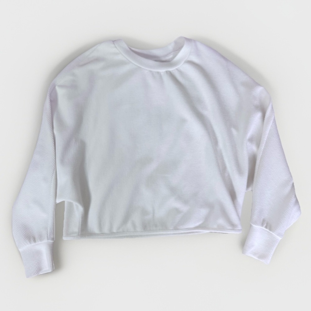 Women’s White Ribbed Relaxed Fit Sweater, Batwing Long Sleeve Crop Top XS